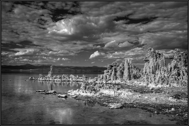 Black and White traditional styled shot of the tufa towers along the shore line of Mono Lake.