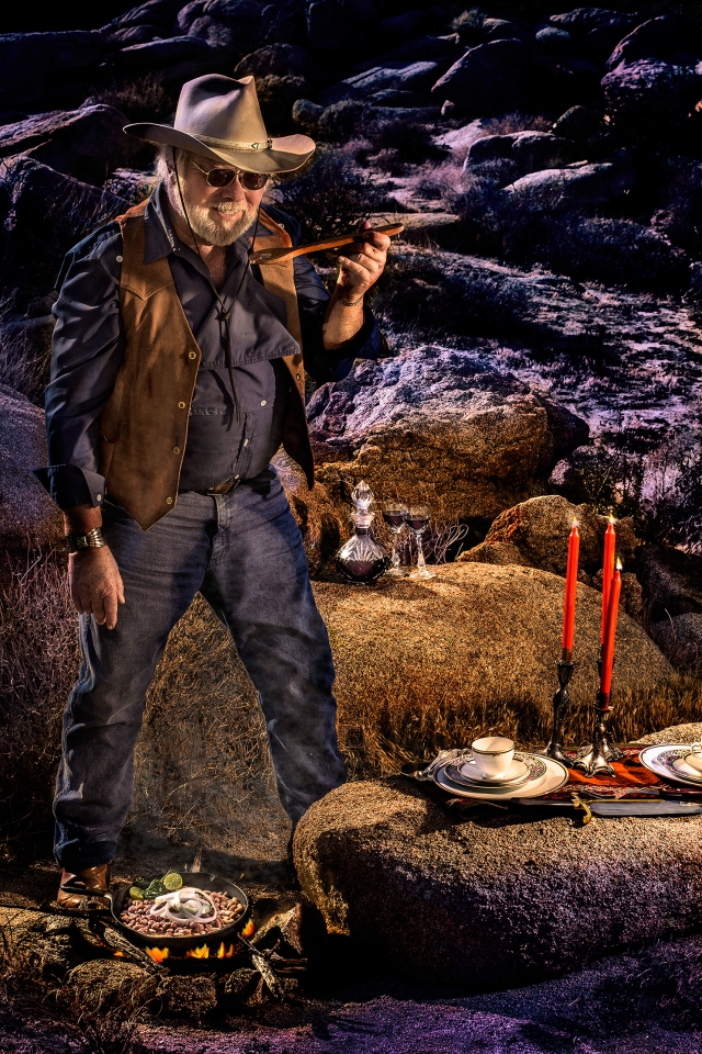 Here is the final "evening" campfire version.  The photograph was taken by and is Copyrighted by Cynthia Sinclair, my contribution is the editing... well and of course the masterful rendition of a trail worn old cowboy.