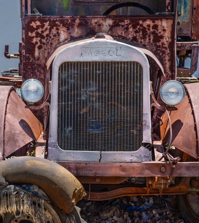 Grill and front of old 1920s vintage Fageol Truck at the Campo, CA Transportation Museum.  Shot with Canon 5D SR mounted on Rhinocam adapter for a 6-shot mosaic using a Hasselblad-Zeiss 180mm lens.  Do click on this image to see some serious detail and texture.